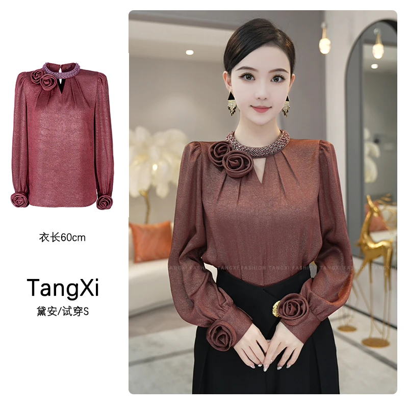 唐熹2025年新款【X24-Q178】设计感小众时尚气质红金色长袖衬衫上衣