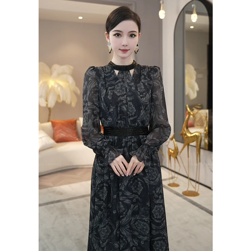 现货2025秋冬新款【DD-6210】设计感小众气质碎花复古连衣裙子