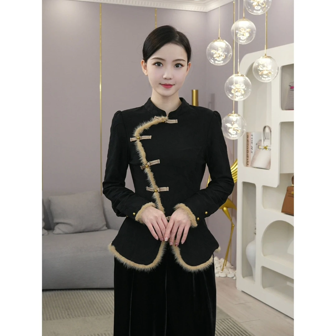 现货2025秋冬新款【3590】腔调穿搭水貂毛新中式黑色不规则复古上衣