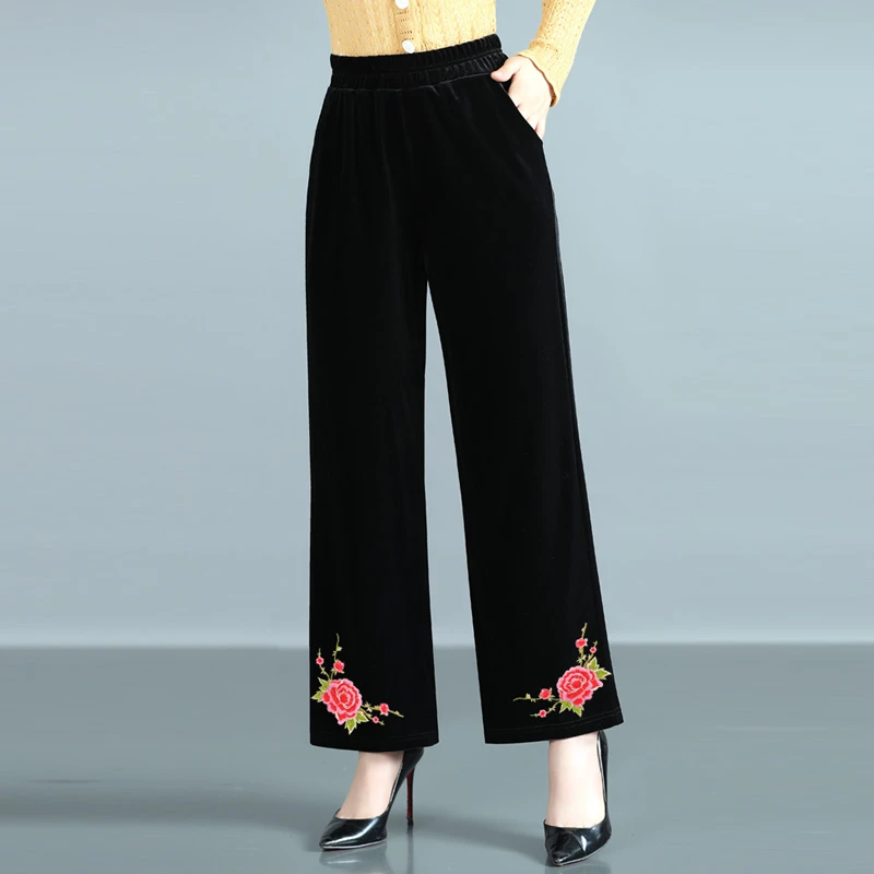 23秋冬洋气金丝绒高腰直筒阔腿绣花休闲百搭厚中年妈妈女加绒裤子