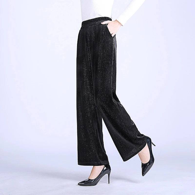 新品中年妈妈女装显瘦春秋高腰大码时尚休闲宽松金丝绒直筒阔腿裤