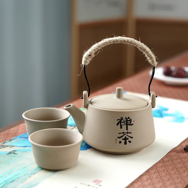 粗陶提梁壶茶具套装一壶二杯简约日式泡茶壶家用防烫功夫茶壶大号
