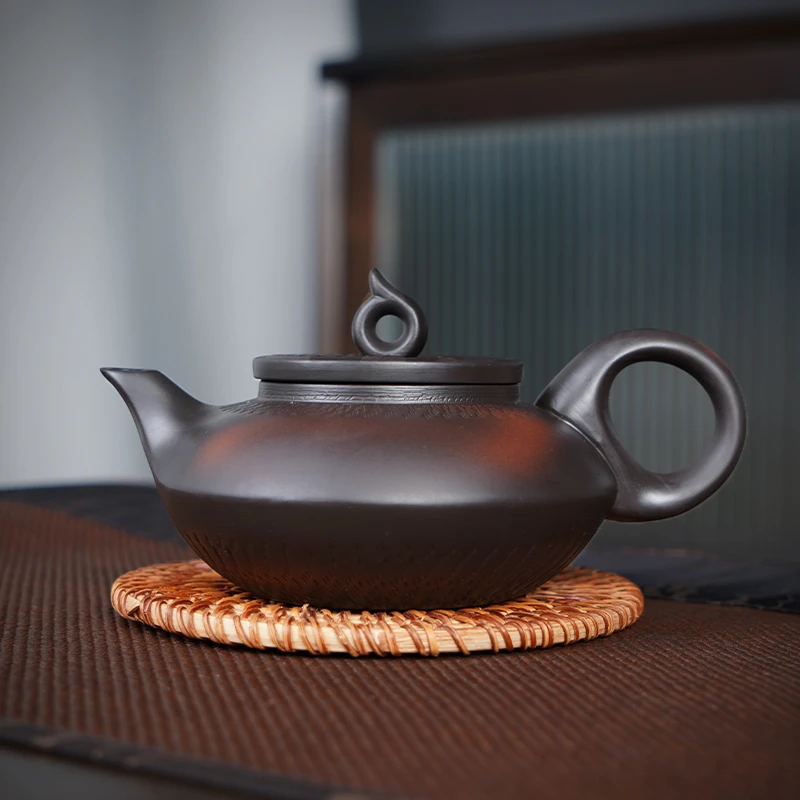 紫砂壶泡茶壶大号家用紫泥功夫茶具办公浮雕竹节单壶杯