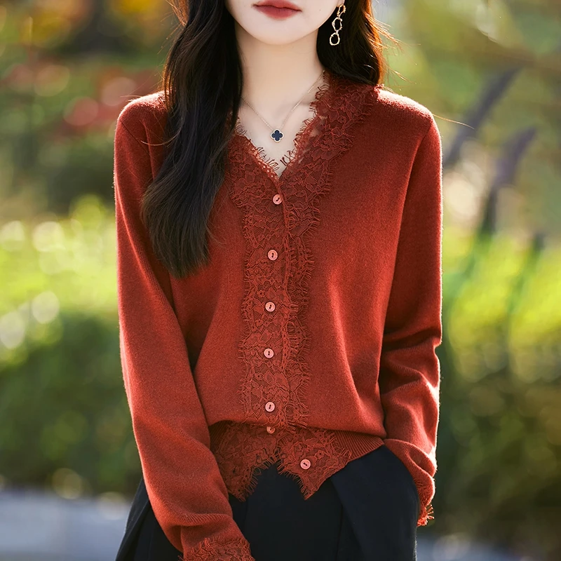 25秋冬V领精纺羊毛开衫女蕾丝花边针织长袖外套毛衣宽松外搭上衣