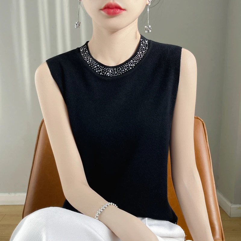 时尚休闲黑色羊毛背心女春夏无袖上衣吊带圆领内搭打底针织衫镶钻