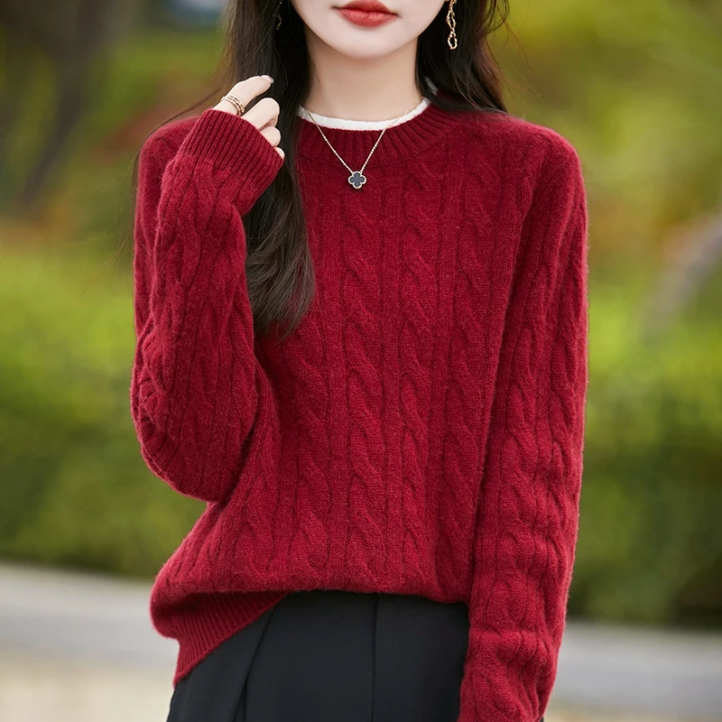 25秋冬100%纯羊毛衫女圆领拼色扭花假两件针织毛衣宽松加厚羊毛衫