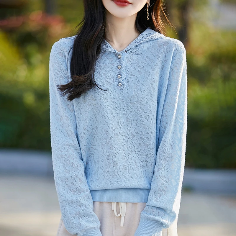 时髦设计感蕾丝钩花连帽打底针织衫女24秋冬时尚休闲叠穿卫衣帽衫