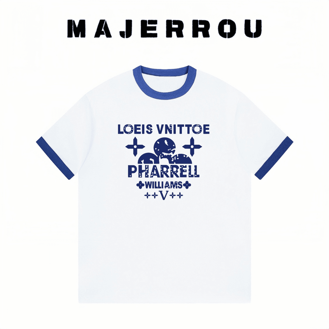 MAJERROU/玛基欧蓝半花短袖潮欧美时尚男士圆领重磅宽松轻奢T恤9