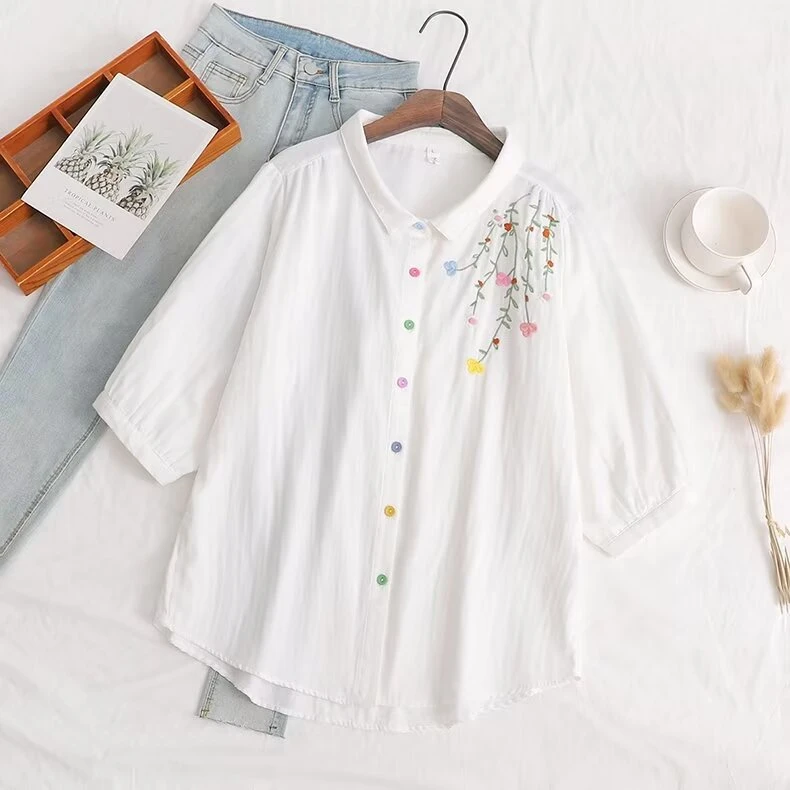 文艺小清新刺绣藤蔓花朵宽松双层棉纱婴儿棉衬衫女五分袖打底衫