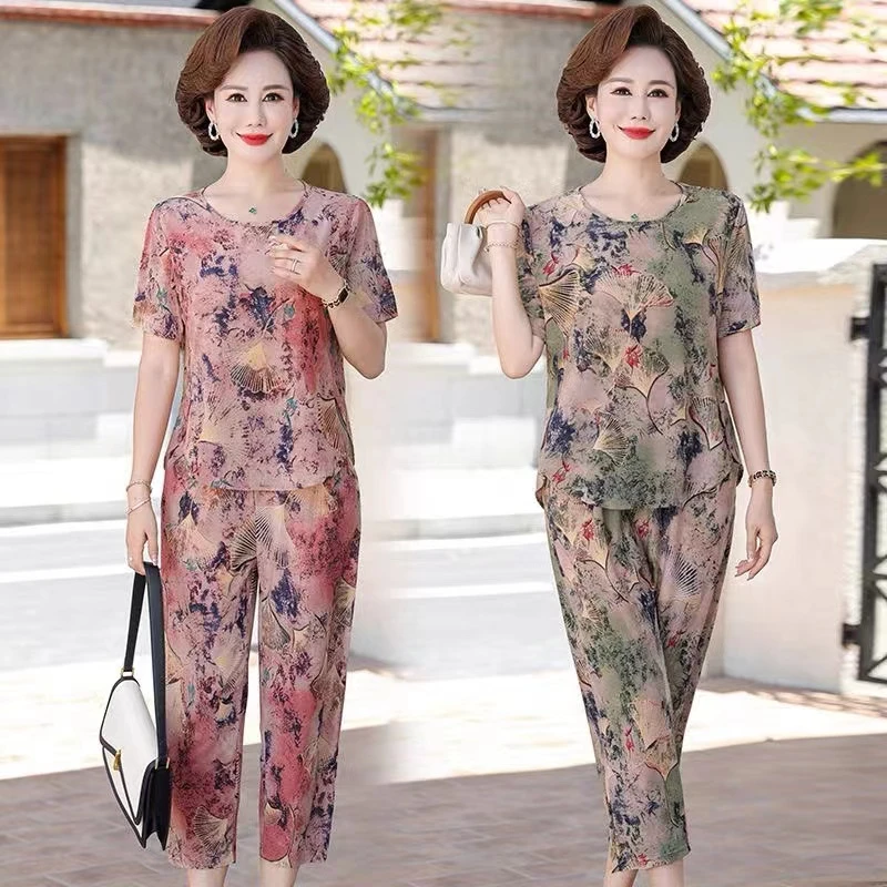 【包邮】夏季新款宽冰丝妈妈套装气质套装中老年阔腿宽松时尚洋气03