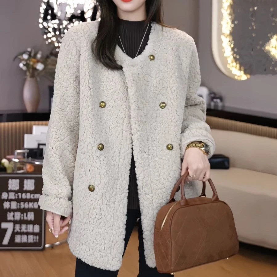 2025新款毛毛外套女圆领小香风轻奢双排扣大衣冬季名媛外套女