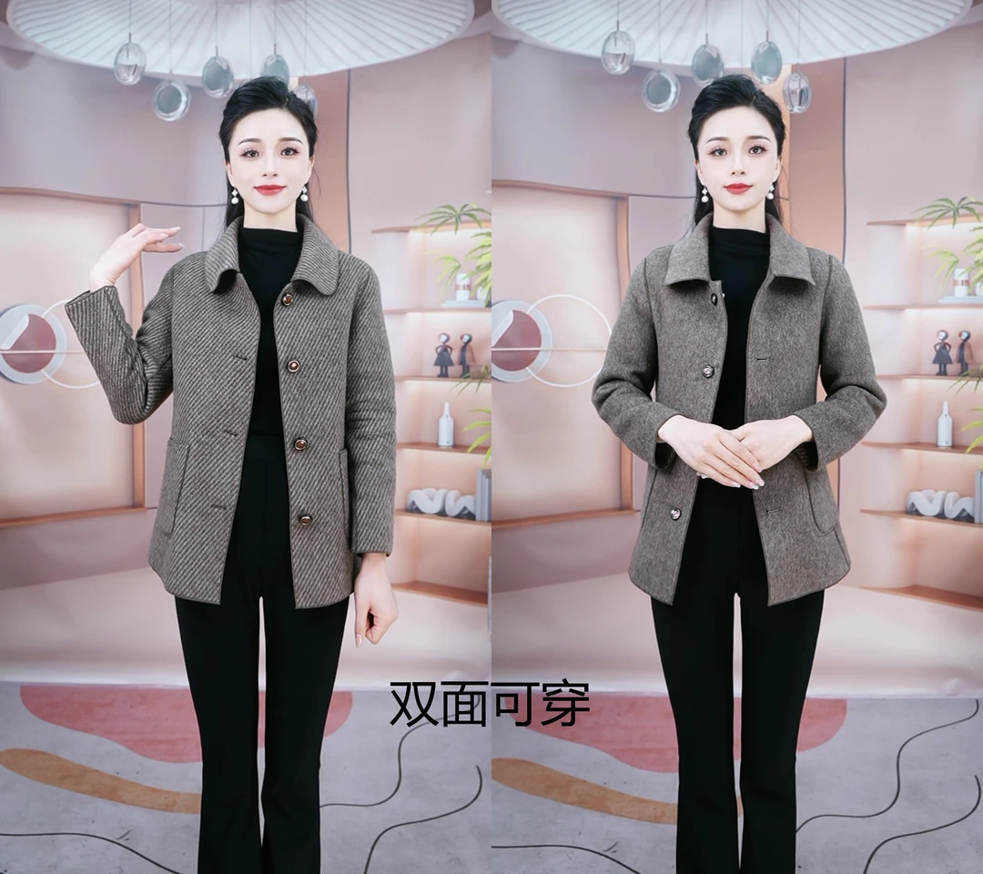 （两面可穿）#手工缝制100%羊毛呢大衣格子外套高定洋气妈妈装