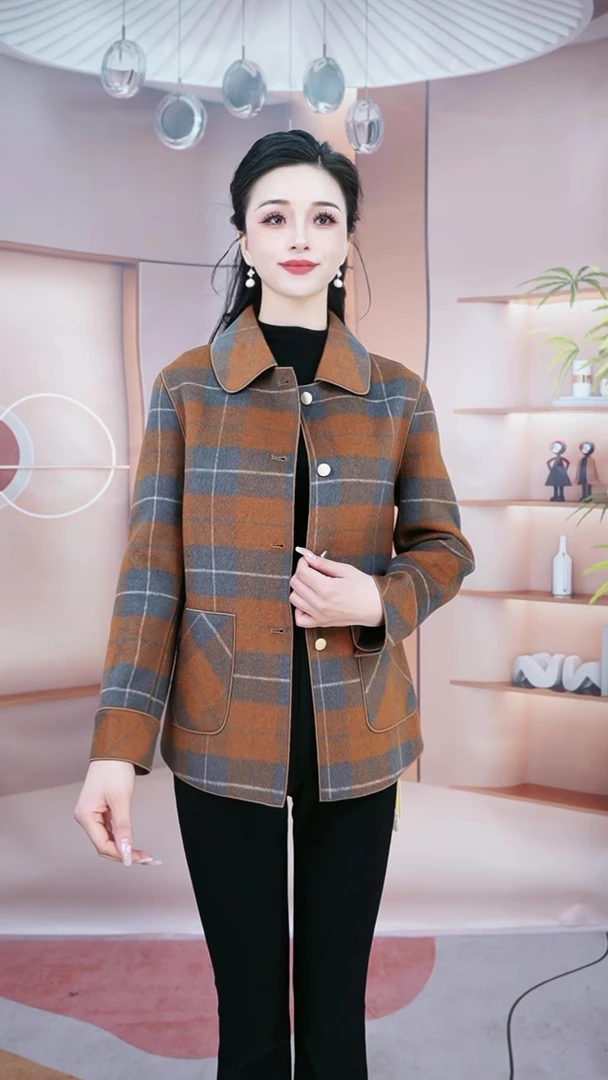手工缝制100%羊毛呢大衣格子外套高定洋气妈妈装