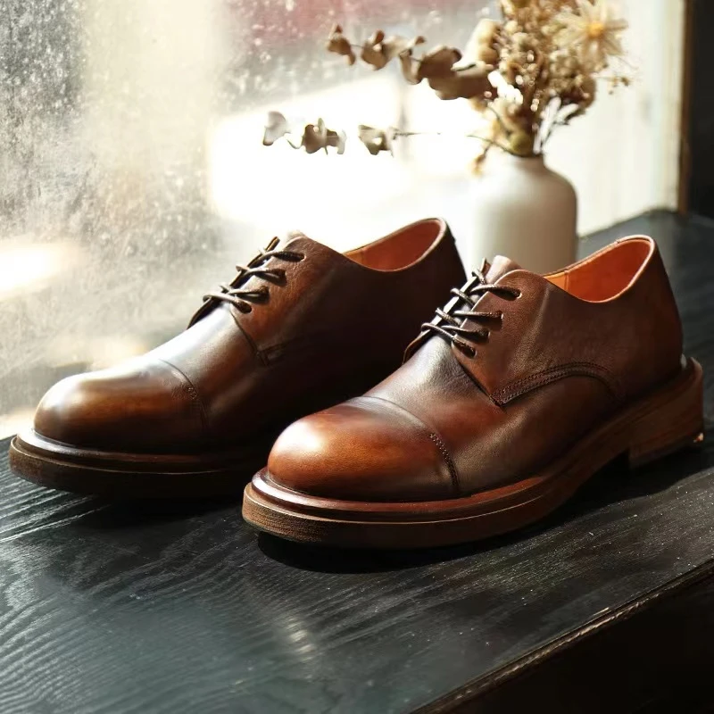 6340新品英伦真皮复古三接头软底休闲皮鞋透气厚底圆头低帮鞋男