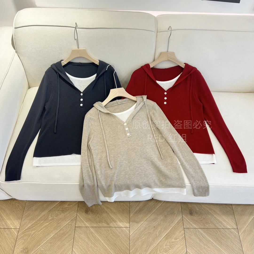 秋季新品~撞色扣子韩版休闲显瘦连帽女款细针织毛衣T恤长袖1268