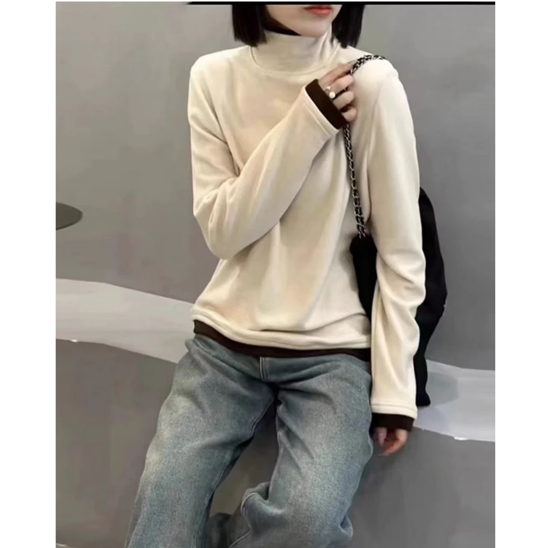 8082  欧洲站轻奢风≈双面磨毛奥绒拼色假两针织衫长袖百搭