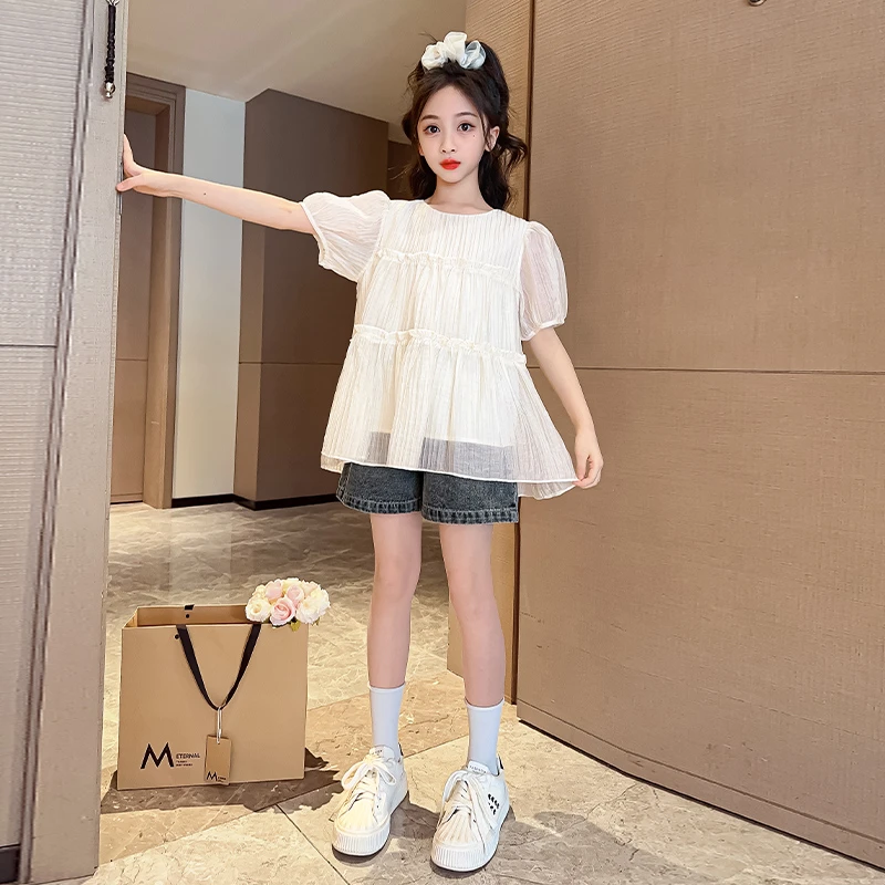 女童夏装套装2025新款儿童网红炸街夏季雪纺短袖女大童夏款两件套