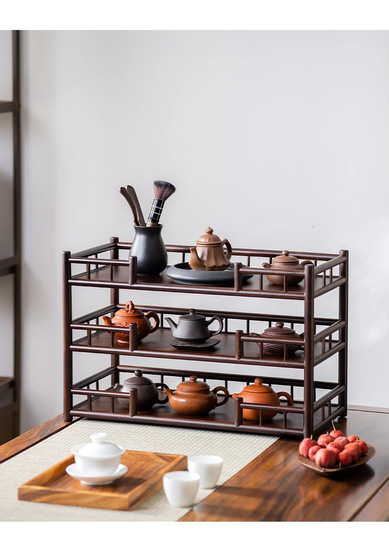 （深色三层凭栏）50长精品竹制品壶架杯架桌面展示架，