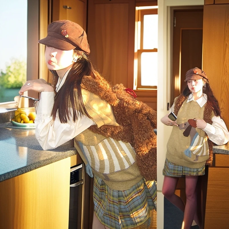 夏季衬衫针织马甲背心通用格纹半身裙女装三件套三色卡通叠穿辣妹