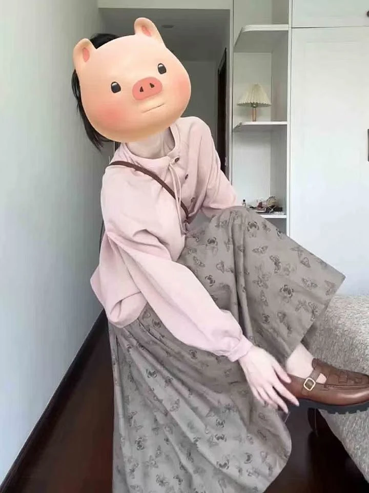 新中式腈纶通用女装国风粉色入秋上衣印花两件套三色高腰半身裙