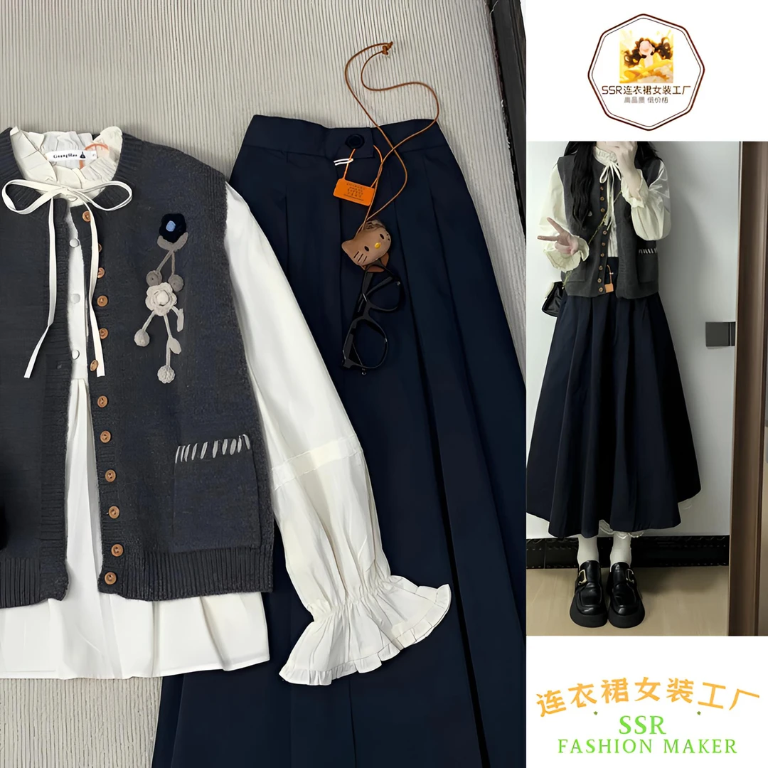 三件套马甲开衫新款女装复古宽松夏夏季打底长袖衬衫日系半身裙