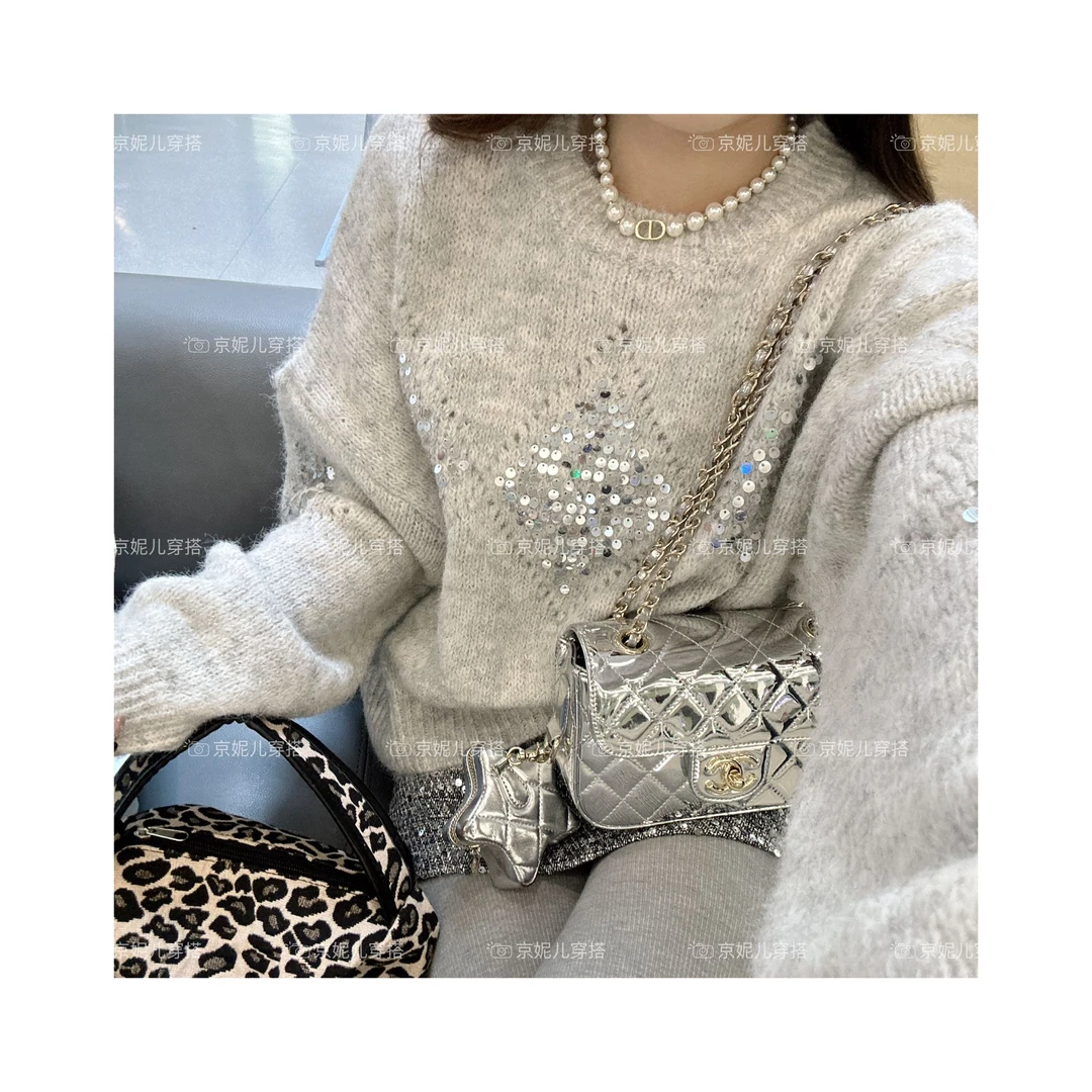 【慧子推荐】重工亮片圆领针织衫女慵懒风毛衣宽松减龄上衣5758