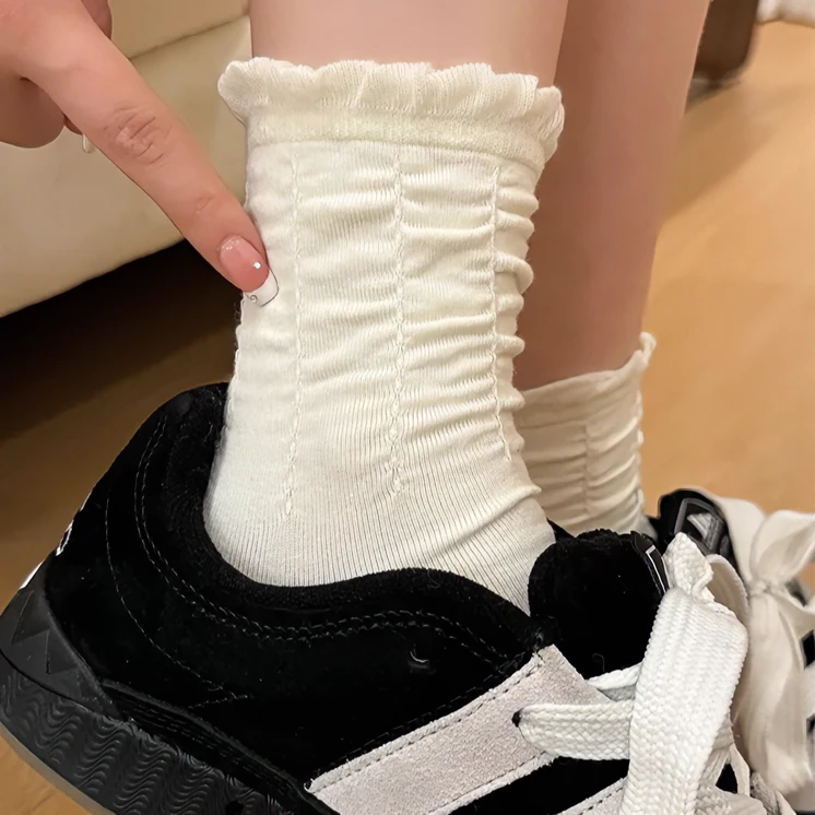 秋季泡泡花边袜中筒袜ins小众设计款日系堆堆袜点子纱蚂蚁同学