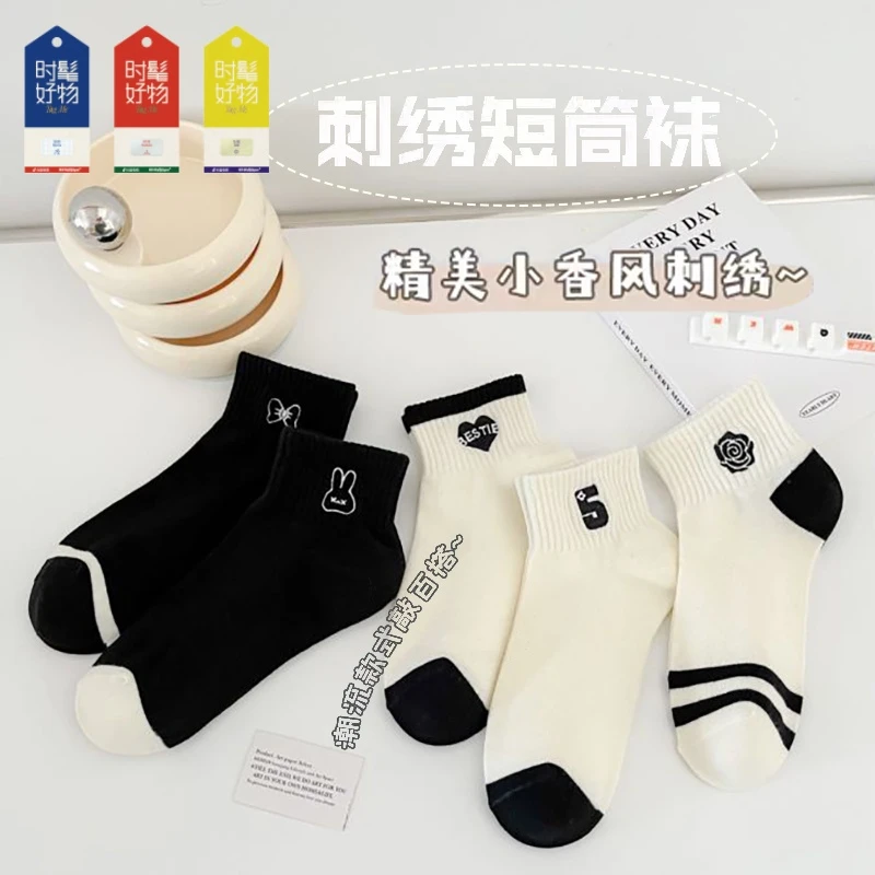 白色袜子山茶花短袜春夏刺绣透气中筒运动棉袜日系韩版时髦好物