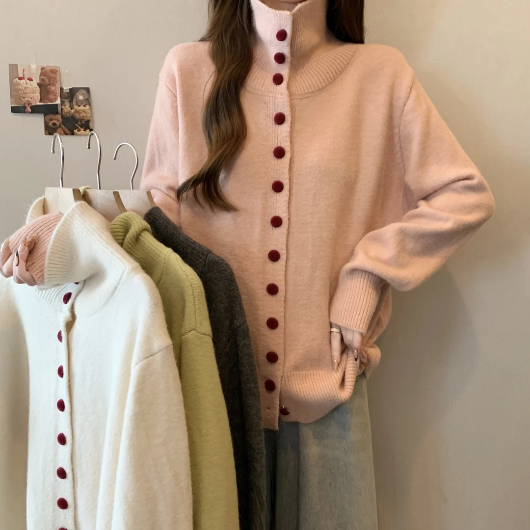 2024秋冬新款韩版韩系针织红扣子高领开衫长袖外套毛衣017