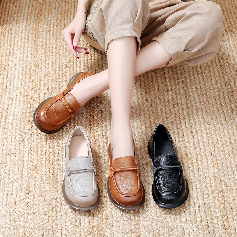 真皮女鞋秋季新款软底复古休闲百搭厚底乐福鞋时尚圆头妈妈单鞋女
