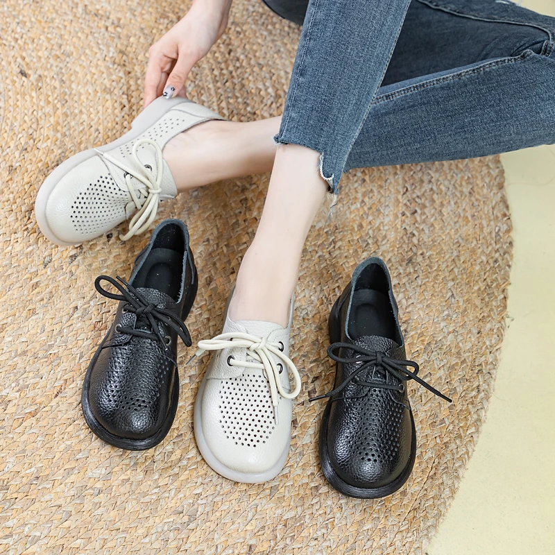新款夏季头层牛皮圆头乐福鞋中老年透气百搭软底镂空系带洞洞鞋
