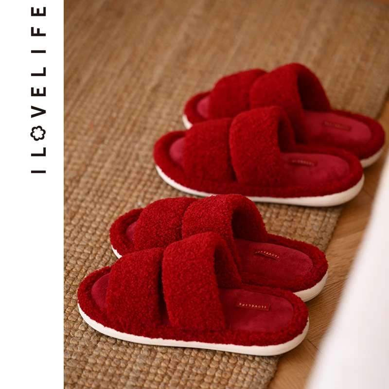 红色结婚棉拖鞋一对陪嫁冬季保暖男女情侣毛线拖鞋2025新款爆款