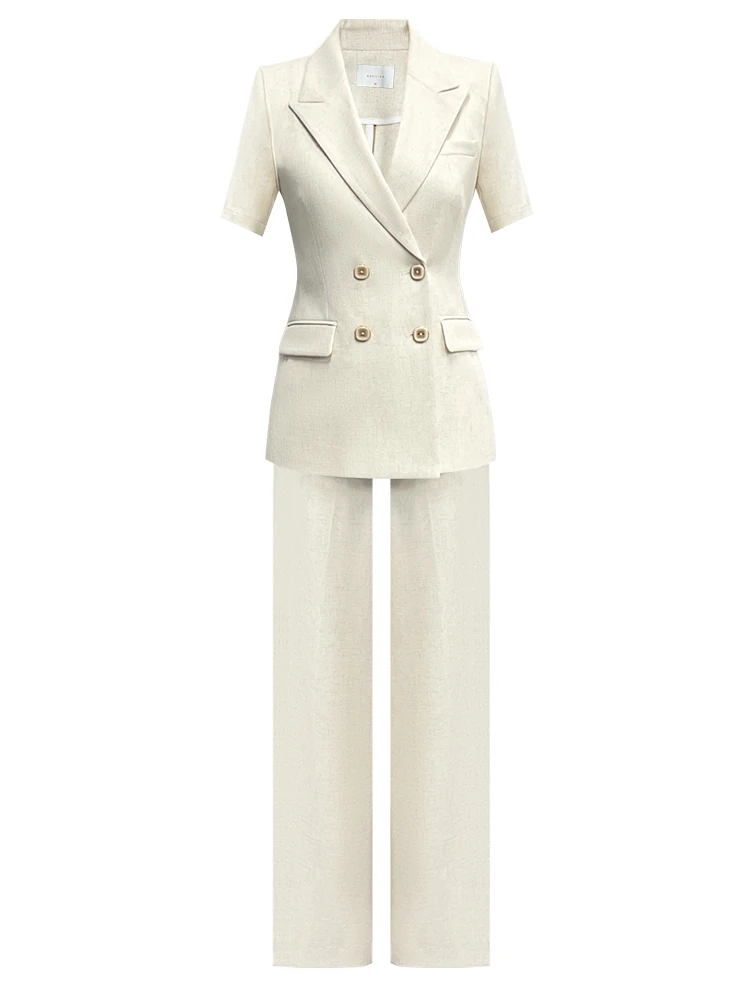 Q1031高级感米杏色小个子西装外套女夏季薄款炸街短袖西服套装