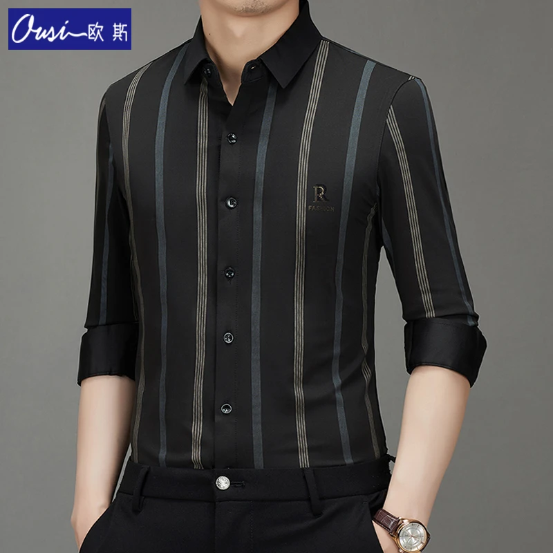 欧斯男士长袖衬衫宽松条纹轻奢高档薄款商务休闲时尚百搭无痕衬衣