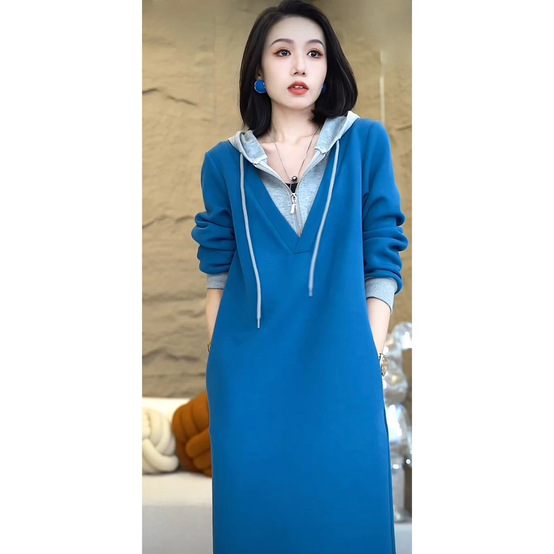 欧颍昇秋冬气质轻奢小众高级感女装裙子收腰连帽减龄连衣裙6938