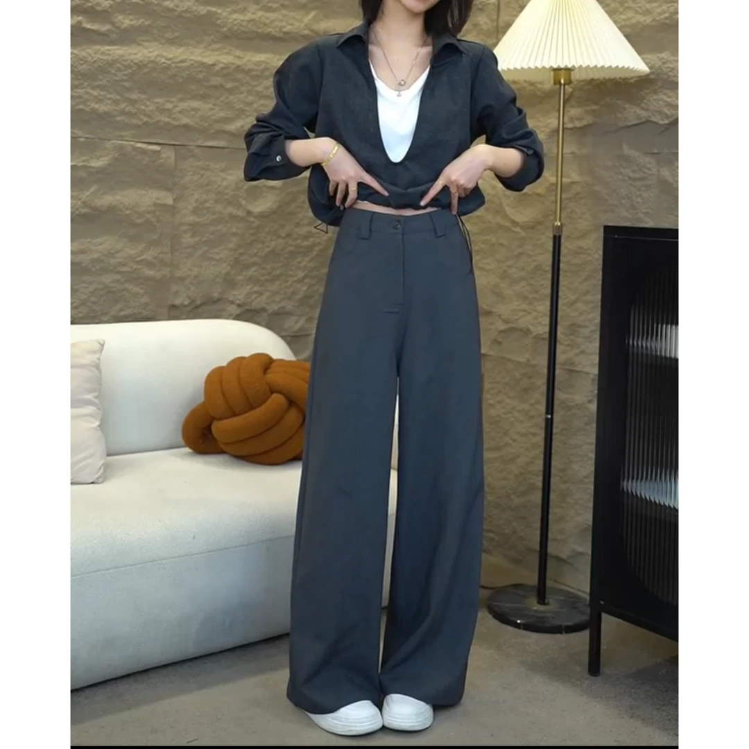 灰色阔腿裤女秋季高腰垂感高级感西装裤休闲拖地直筒裤6935