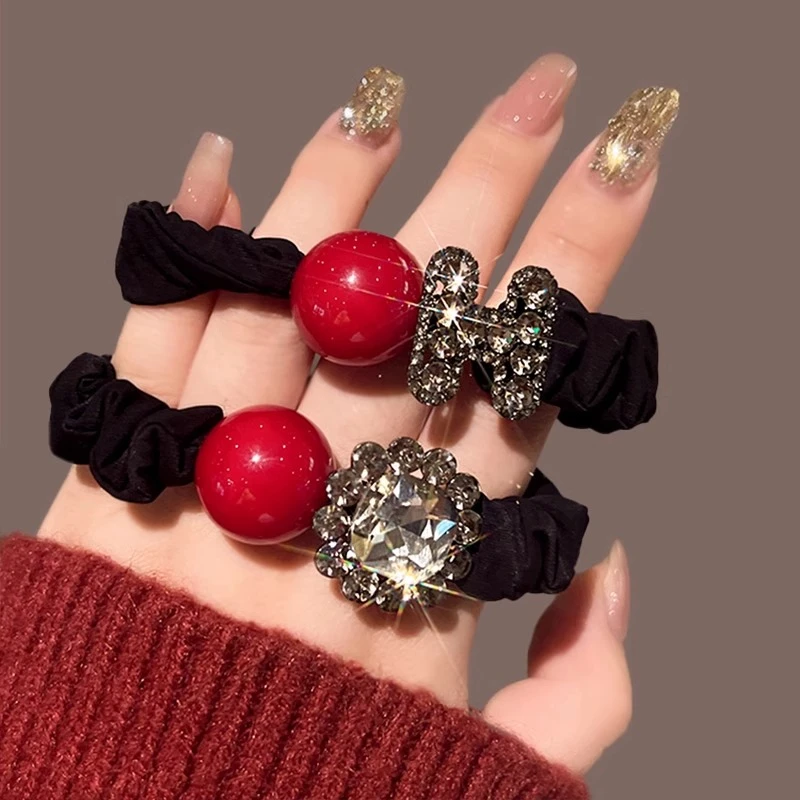 韩国东大门高级感安可拉红时尚珠珠轻奢马尾丸子头发圈头绳发饰