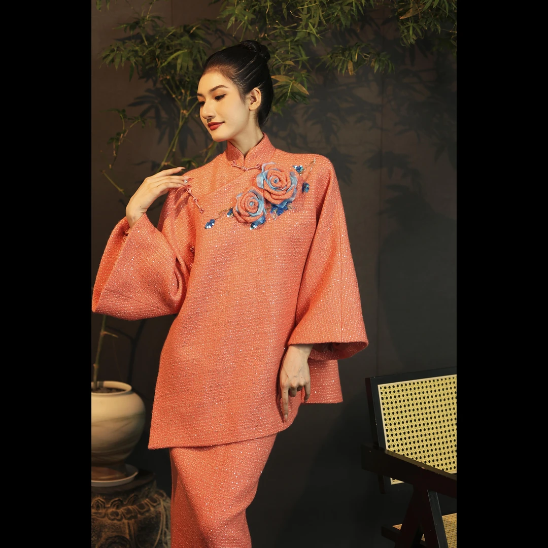 【粉· 巍峨】XM24秋冬轻奢重工法绣气质长袖新中式优雅立领女士外套