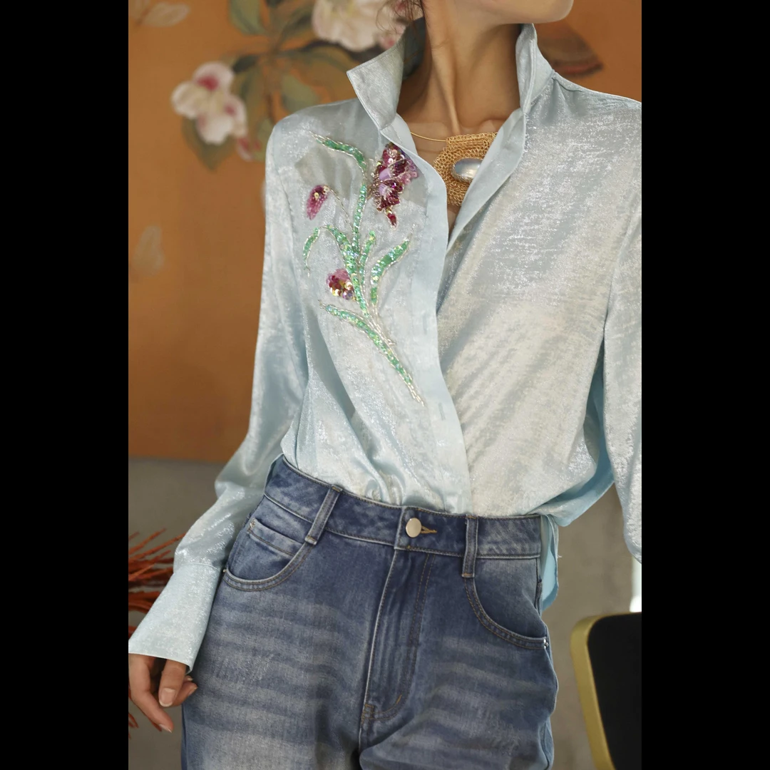 【拾青·梦】XM春夏季轻奢高定新款女士气质长袖百搭宽松上衣衬衫