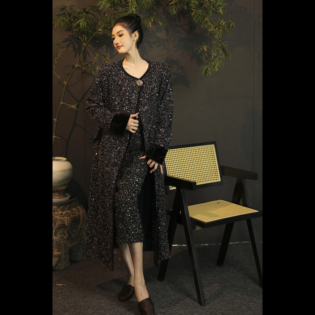 【里约之光】XM24秋冬轻奢小香风亮片时尚慵懒气质女士优雅长款外套