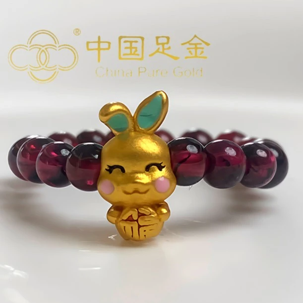 【中国足金】足金999兔子石榴石戒指含绳称重ZJ042903