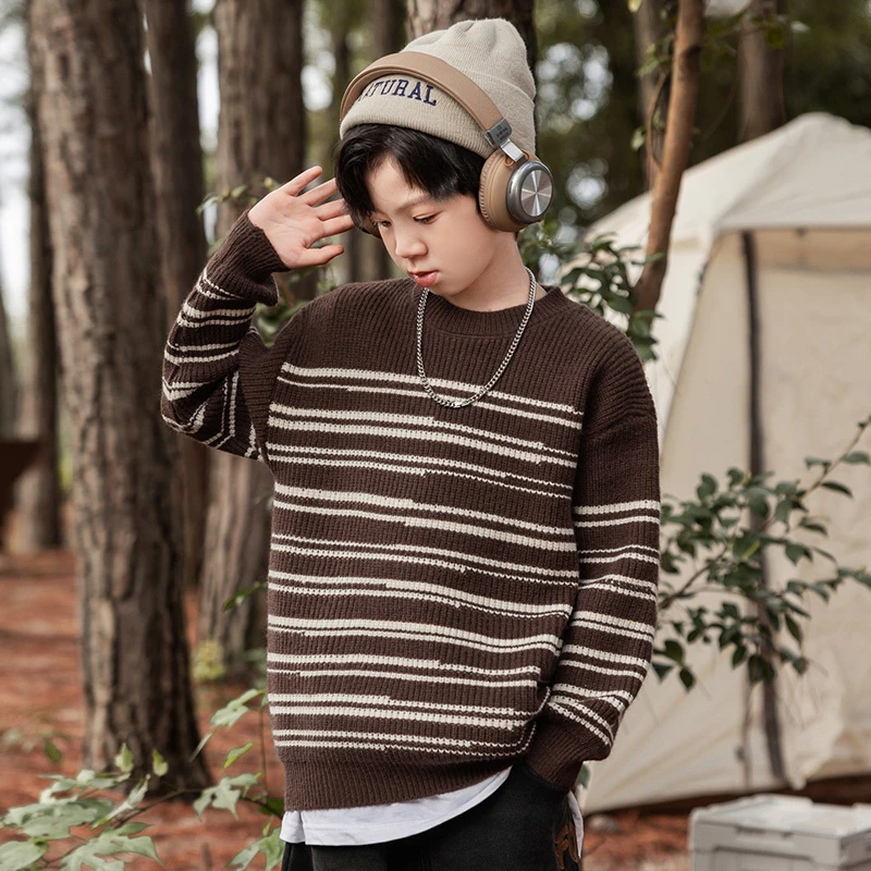 【断码清仓】冬男童针织衫大童条纹加厚毛衣儿童休闲毛衫宽松上衣潮