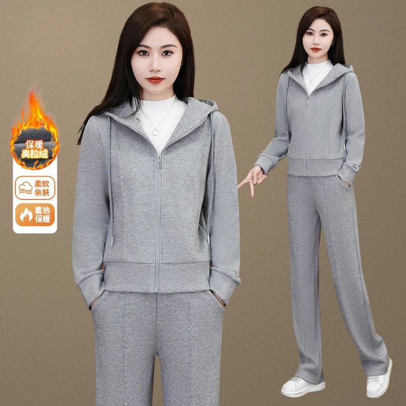 运动套装女冬季新款加绒加厚连帽保暖外套韩版宽松大码卫衣套装女