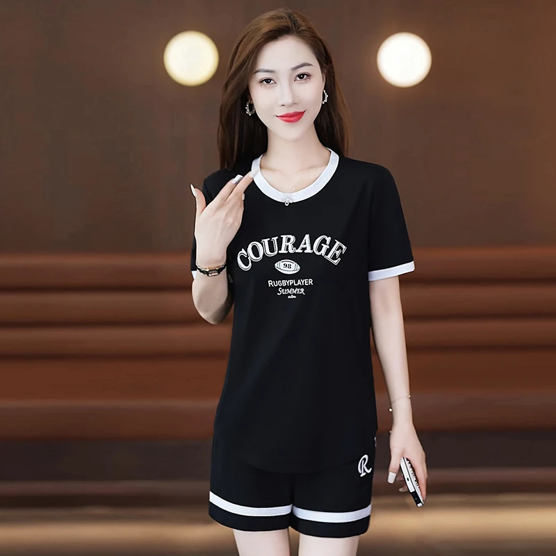 时尚运动套装女夏季新款两件套韩版洋气宽松短袖短裤两件套女士潮