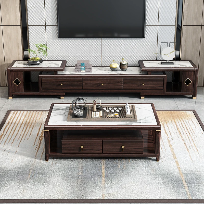 新中式实木茶几电视柜紫金檀现代简约客厅小户型岩板茶台M220405