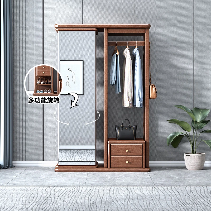 新中式实木衣帽架挂衣架胡桃木房间多功能抽屉旋转全身镜M220728