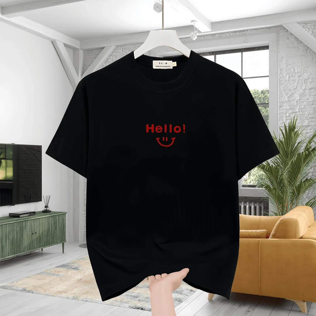 仓石一树潮牌夏季圆领短袖T恤男宽松重磅hello半袖情侣装体恤上衣