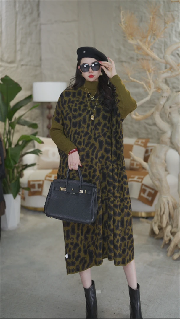 重磅【豹纹】秋冬季2024新款气质高级百搭时尚休闲毛衣连衣裙-6325#