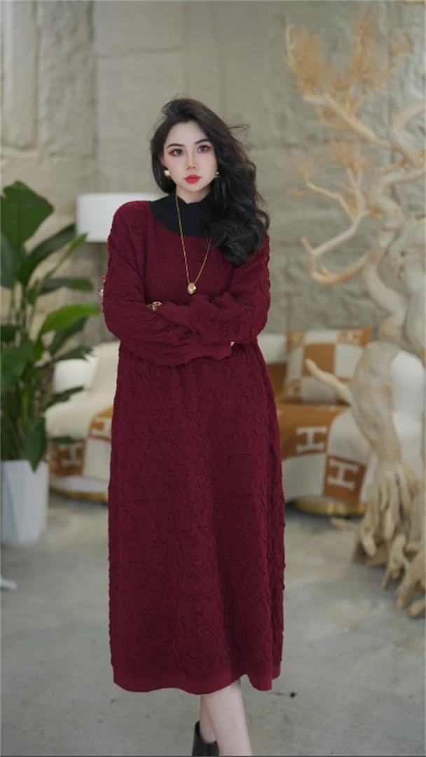 春夏新款【华美之章】显瘦百搭宽松长袖大码红色气质连衣裙-5105#