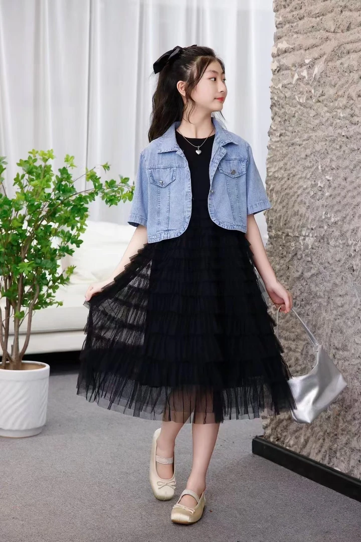 2014新款女大童两件套连衣裙 牛仔外套